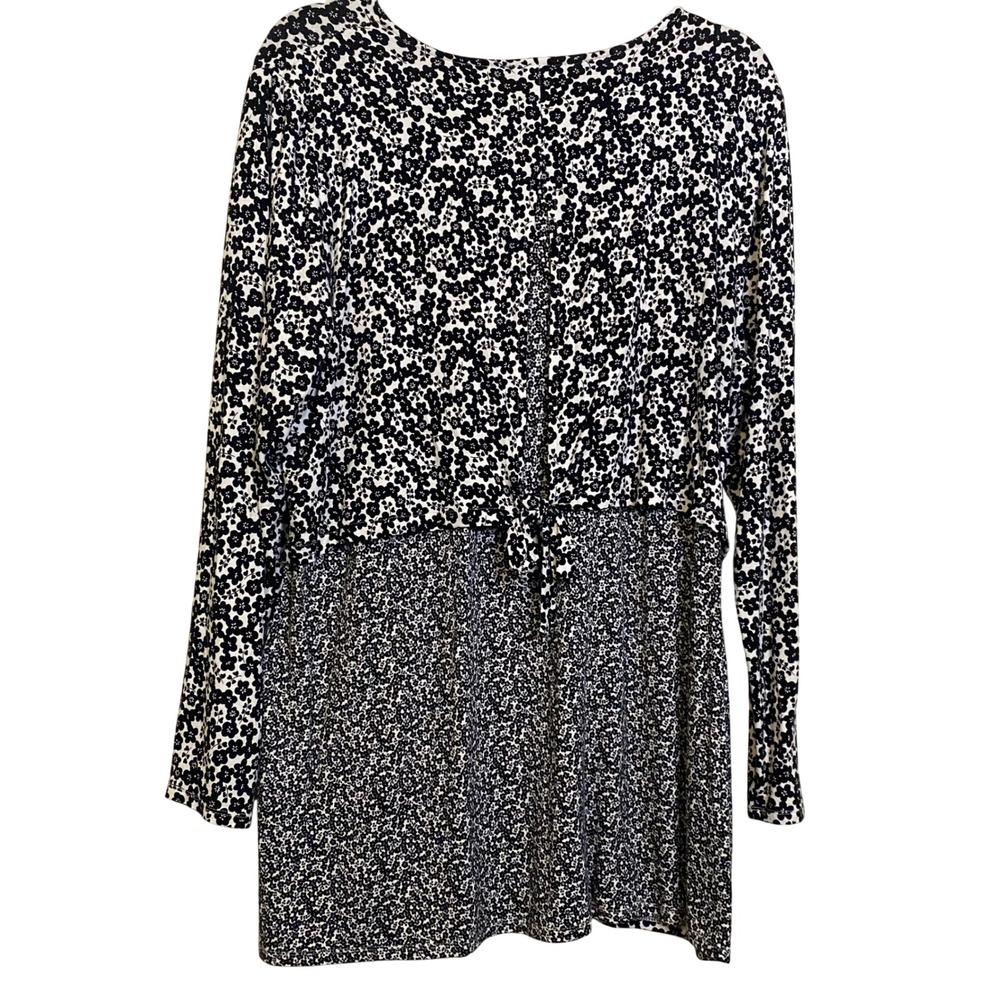 J. Jill Wearever Black White Floral Mixed Print Tie Waist Tunic Top Large